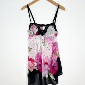 In Bloom Jonquil Black Pink Red Floral Print Babydoll Chemise Slip Womens M NWOT